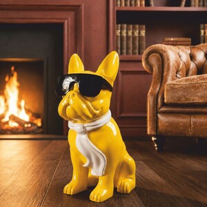 Casa Padrino Deko Skulptur Hund Bulldogge Gelb / Wei� / Schwarz H. 80 cm - Gro�e Deko Figur - Wohnzimmer & Garten Deko