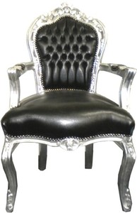 Barock Esszimmerstuhl Schwarz / Silber Lederoptik mit Armlehnen