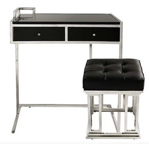 Casa Padrino Konsolentisch mit Schubladen Schwarz / Silber inkl. Lederhocker Manhattan - Konsole Tisch - Sekret�r Konsole - Telefontisch