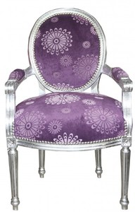 Casa Padrino Luxus Barock Salon Stuhl Lila Blumen Muster / Silber  Mod2 Rund M�bel
