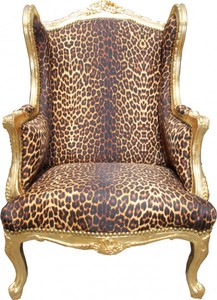 Casa Padrino Barock Lounge Thron Sessel Leopard / Gold - Ohren Sessel - Ohrensessel Tron Stuhl