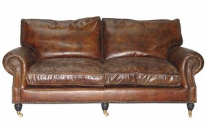 Casa Padrino Luxus Echt Leder Sofa Vintage Leder 3 Sitzer - Art Deco