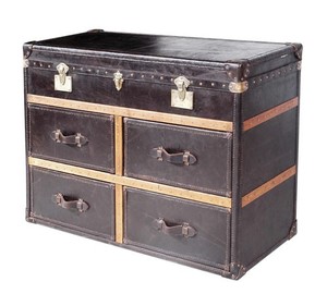 Casa Padrino Art Deco Luxus Echtleder Kommode / Truhe Schwarz L123 x B52 x H83 cm - Echt Leder Vintage Look