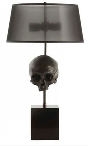 Casa Padrino Luxus Tischleuchte Totenkopf Schwarz / Antik Messing  35 x H. 77 cm - Schreibtschleuchte mit rundem Lampenschirmen - Luxus Leuchten - Luxus Mbel - Luxus Interior