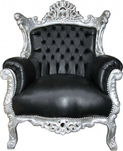 Casa Padrino Barock Sessel Al Capone Schwarz Lederoptik/ Silber Mod1 - Antik Stil 