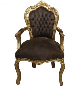 Casa Padrino Barock Esszimmer Stuhl mit Armlehnen Braun / Gold Lederoptik