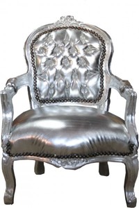 Casa Padrino Barock Kinder Stuhl Silber Lederoptik /Silber - Armlehnstuhl