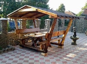 Casa Padrino Garten Pavillon Rustikal mit Tisch und 2 Gartenb�nken - Eiche Massivholz - �berdachtes Gartenm�bel Set Echtholz Massiv Pergola