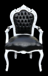 Casa Padrino Barock Esszimmerstuhl Schwarz / Wei� Lederoptik mit Armlehnen