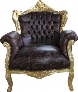 Casa Padrino Barock Sessel Lord Braun/Gold Lederoptik - Antik Stil  