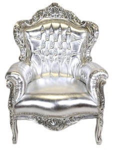 Casa Padrino Barock Sessel King Silber / Silber Lederoptik mit Bling Bling Glitzersteinen