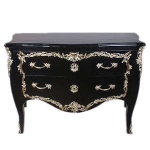 Casa Padrino Barock Kommode Schwarz Hochglanz / Silber 130 cm - Handgefertigt aus Massivholz