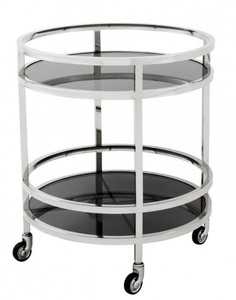 Casa Padrino Luxus Bar Trolley Servierwagen Rund Edelstahl vernickelt / schwarzes Glas - Luxus Hotel & Restaurant Einrichtung M�bel Serviertisch