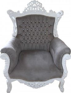 Casa Padrino Barock Sessel Al Capone Grau / Wei� mit Glitzersteinen