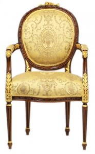 Casa Padrino Luxus Barock Esszimmer Stuhl mit Armlehnen Ludwig XV Gold Muster / Mahagoni Braun - M�bel