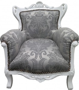 Casa Padrino Barock Kinder Sessel Grau Barock Muster / Weiss - Barock M�bel - Limited Edition