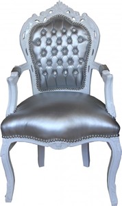 Casa Padrino Barock Esszimmer Stuhl mit Armlehnen Silber/Weiss Lederoptik mit Bling Bling Glitzersteinen