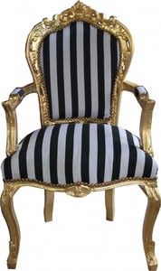 Casa Padrino Barock Esszimmerstuhl Schwarz/Wei Streifen / Gold mit Armlehnen - Antik Stil Stuhl