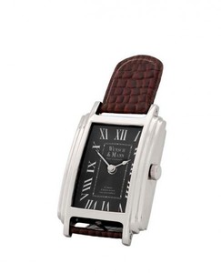 Casa Padrino Designer Luxus Uhr Nickel finish mit braunem Leder 12 x H. 26 cm - Tisch Uhr