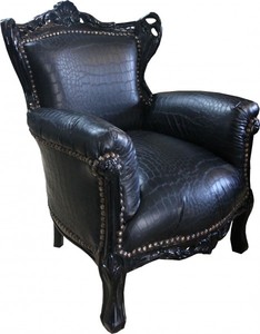 Casa Padrino Barock Kinder Sessel Schwarz Croco Lederoptik/Schwarz - Kinder Thron 