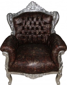 Casa Padrino Barock Sessel Lord Braun / Silber Lederoptik mit Drachenmotiv - Antikstil Mbel