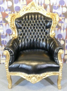 Casa Padrino Barock Sessel King Lederoptik Schwarz / Gold - Edel & Prunkvoll