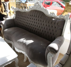 Barock 3-er Sofa Grau / Wei� mit Glitzersteinen