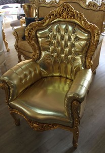 Barock Sessel Gold/Gold Lederoptik mit Glitzersteinen