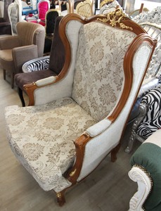  Barock Ohrensessel Creme / Braun / Gold