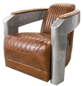 Casa Padrino Art Deco Aluminium Echtleder Sessel Braun / Silber 74,5 x 94 x H. 78 cm - Club Sessel - Lounge Sessel - Flugzeug Flieger M�bel
