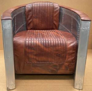Casa Padrino Luxus Art Deco Leder Sessel Vintage Braun / Silber - Aluminium Wohnzimmer Sessel mit hochwertigem Echtleder - Lounge Sessel - Flugzeug Flieger Echtleder Mbel