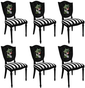 Casa Padrino Art Deco Esszimmerstuhl Set Wei / Mehrfarbig / Schwarz - 6 Handgefertigte Art Deco Kchen Sthle mit Design und Streifen - Art Deco Esszimmer Mbel