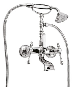 Casa Padrino Jugendstil Badewannen Armatur mit Brause Silber / Wei H. 35,5 cm - Nostalgisches Bad Zubehr - Erstklassische Qualitt - Made in Italy