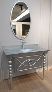 Casa Padrino Barock Badezimmer Set Silber - 1 Waschtisch mit Glas Waschbecken & 1 Wandspiegel - Badezimmer Mbel im Barockstil