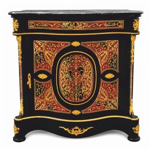 Casa Padrino Barock Boulle Massivholz Kommode mit Marmorplatte Schwarz / Rot / Gold / Grau H. 105 cm - Barock Boulle M�bel