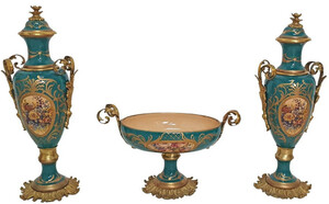 Casa Padrino Barock Deko Keramik Vasen Set mit Schale Gr�n / Mehrfarbig / Messing - Prunkvolle Deko im Barockstil - Barock Deko Accessoires - Barock M�bel - Edel & Prunkvoll