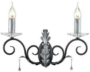 Casa Padrino Barock Doppel Wandleuchte Schwarz / Silber 37 x 19 x H. 38 cm - Elegante Wandlampe mit handgefertigten Stahl Eichenbl�ttern und dekorativen Glastropfen - Wandleuchten im Barockstil
