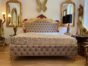 Casa Padrino Luxus Barock Doppelbett mit Matratze Grau / Gold / Braun - Prunkvolles Massivholz Bett - Luxus Schlafzimmer Mbel im Barockstil - Barock Mbel - Edel & Prunkvoll