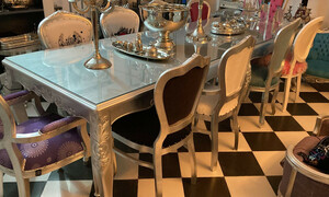 Casa Padrino Luxus Barock Esstisch mit Glasplatte Silber 300 cm - Handgefertigter Massivholz Esszimmertisch - Esszimmer Mbel im Barockstil - Extra Lang