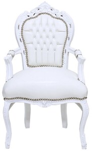Casa Padrino Barock Esszimmer Stuhl mit Armlehnen und edlem Kunstleder Wei� / Wei� - Handgefertigter Antik Stil Stuhl - Esszimmer M�bel im Barockstil - Barock M�bel