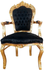Casa Padrino Barock Esszimmerstuhl mit Armlehnen Schwarz Muster / Gold 53 x 57 x H. 108 cm - Handgefertigter Antik Stil Stuhl mit edlem Satinstoff - Barock Esszimmer M�bel
