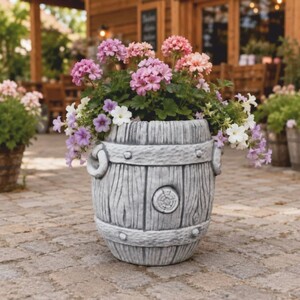 Casa Padrino Garten Deko Blumentopf in Fassform Grau H. 38  cm - Runder Pflanzentopf - Garten & Terrassen Deko