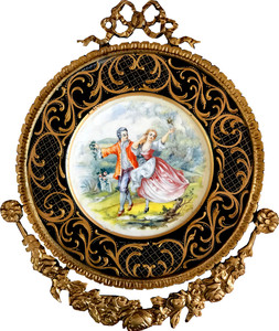 Casa Padrino Barock Keramik Wandbild mit verziertem Rahmen 38 x 32 cm Liebespaar - Barock Wanddeko Wandteller Antik Stil