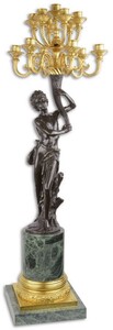 Casa Padrino Barock Kerzenhalter Frau schaut nach rechts Schwarz / Gold / Gr�n 37 x 32,4 x H. 108 cm - Prunkvoller 13-flammiger Bronze Kerzenst�nder mit Marmorsockel