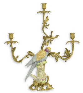 Casa Padrino Barock Kerzenstnder Messing / Porzellan Papagei im italienischen Stil H62 cm - Antik Stil Kerzenhalter Vogel