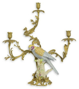 Casa Padrino Barock Kerzenstnder Messing / Porzellan Papagei im italienischen Stil H62 cm - Antik Stil Kerzenhalter Vogel