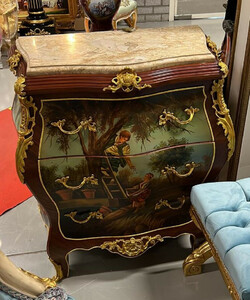 Casa Padrino Barock Kommode Braun / Gold / Mehrfarbbig / Cremefarben - Handgefertigte Massivholz Kommode mit 3 Schubladen und Marmorplatte - Barock M�bel