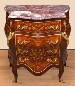 Casa Padrino Barock Kommode Braun Intarsien / Gold / Rot - Handgefertigte Antik Stil Kommode mit 4 Schubladen und Marmorplatte - Barock Mbel