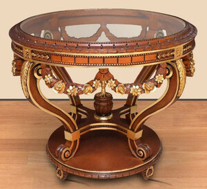 Casa Padrino Barock Konferenztisch Braun / Gold - Runder Massivholz B�ro Tisch mit Glasplatte - Barock B�ro M�bel - Edel & Prunkvoll