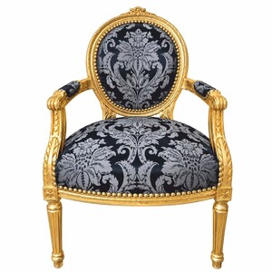 Casa Padrino Barock Salon Stuhl Schwarz / Grau / Gold - Handgefertigter Antik Stil Stuhl mit Armlehnen - Antik Stil M�bel - Barock M�bel